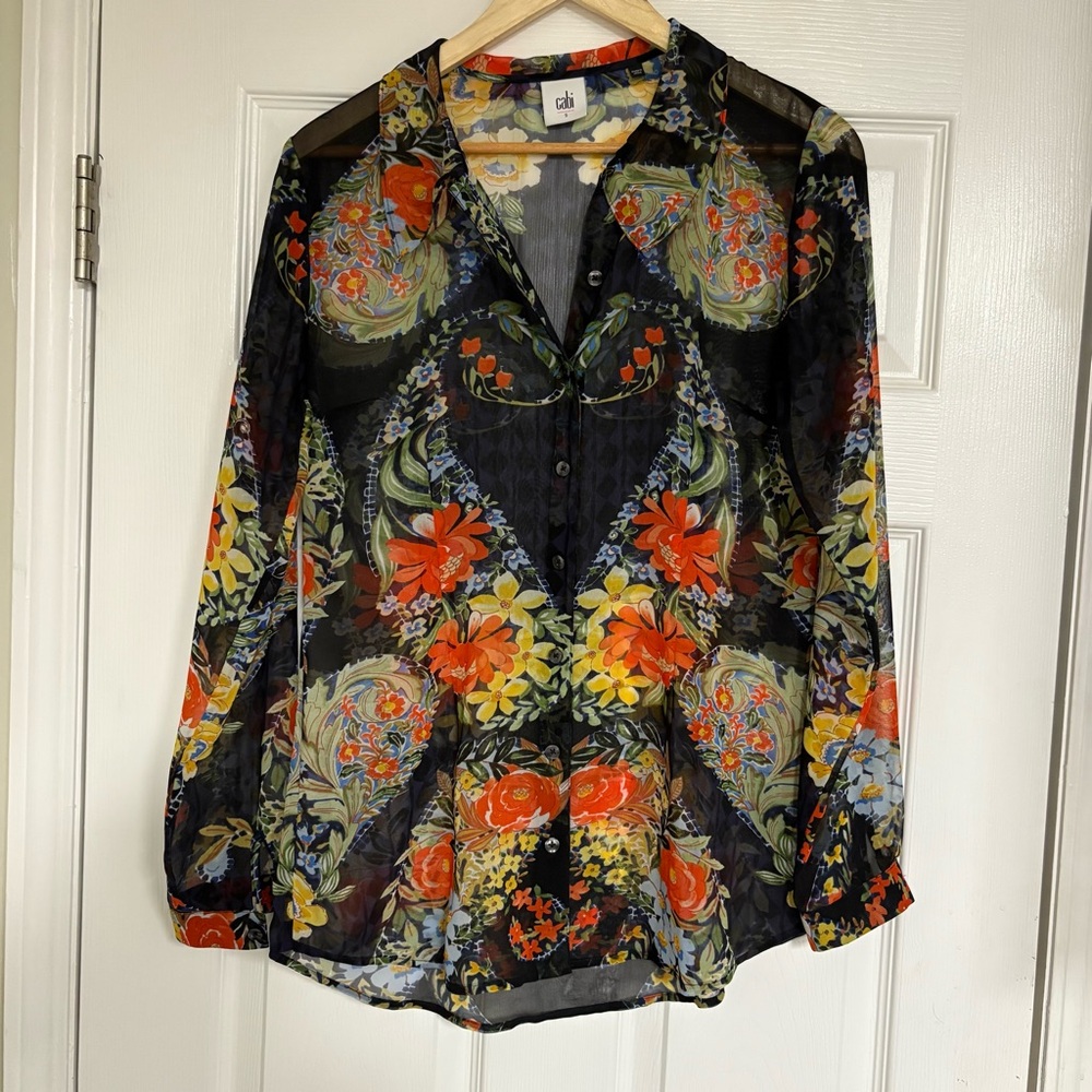 Cabi Black Floral Button‎ Down Sheer Top Size Small